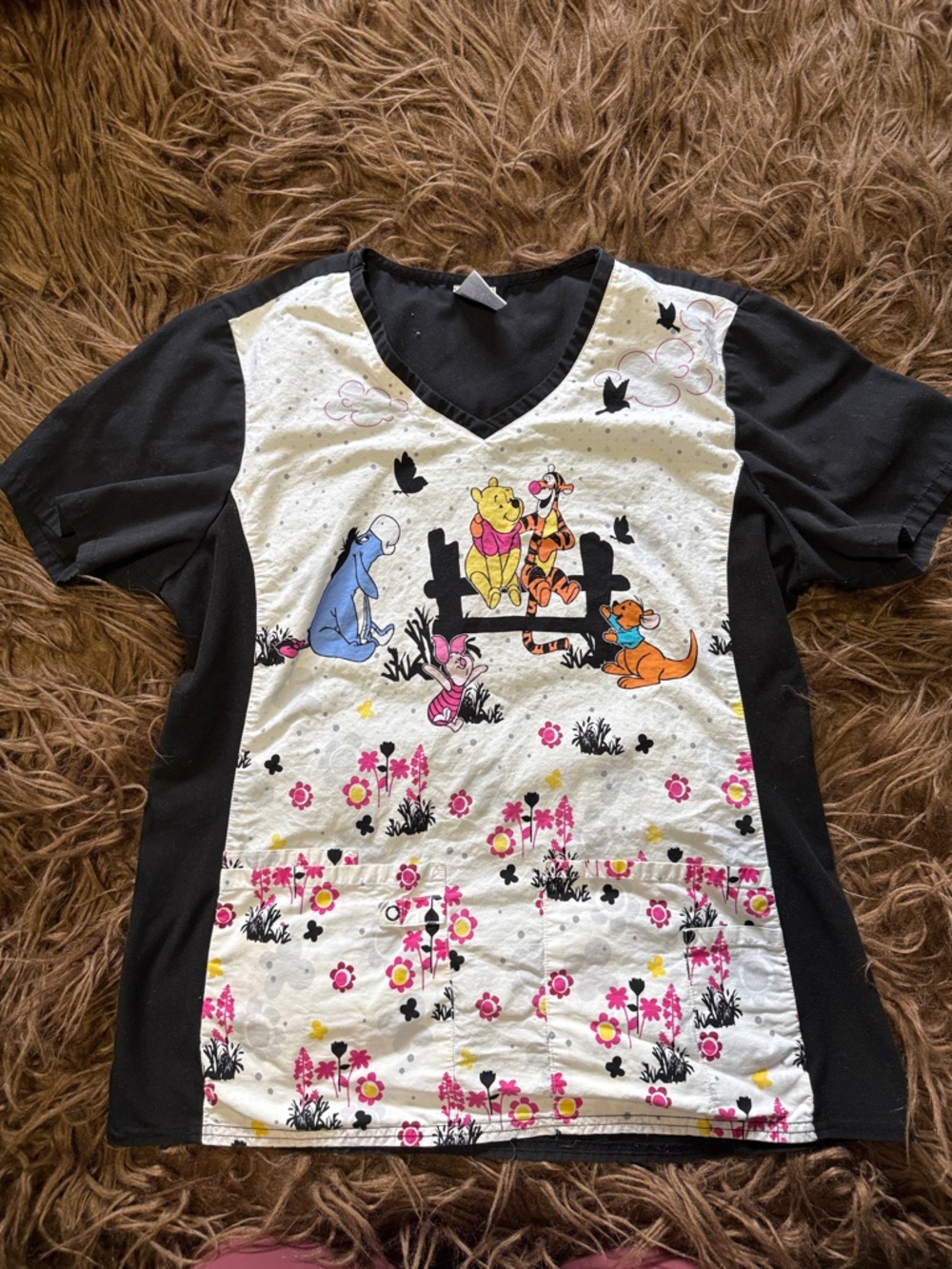 Disney Winnie the Pooh V-Neck Tee in Black, White & Pink Floral